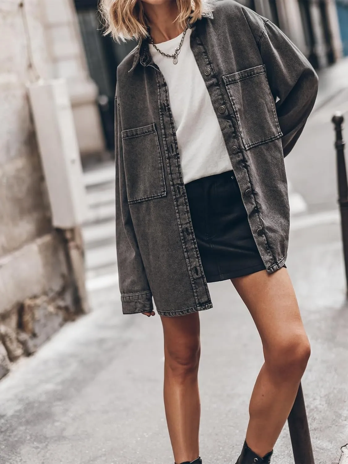PLNOTME Womens Oversized Jean Jacket Casual Button Up Denim Overshirt Trendy Long Sleeve Denim Jacket Coat