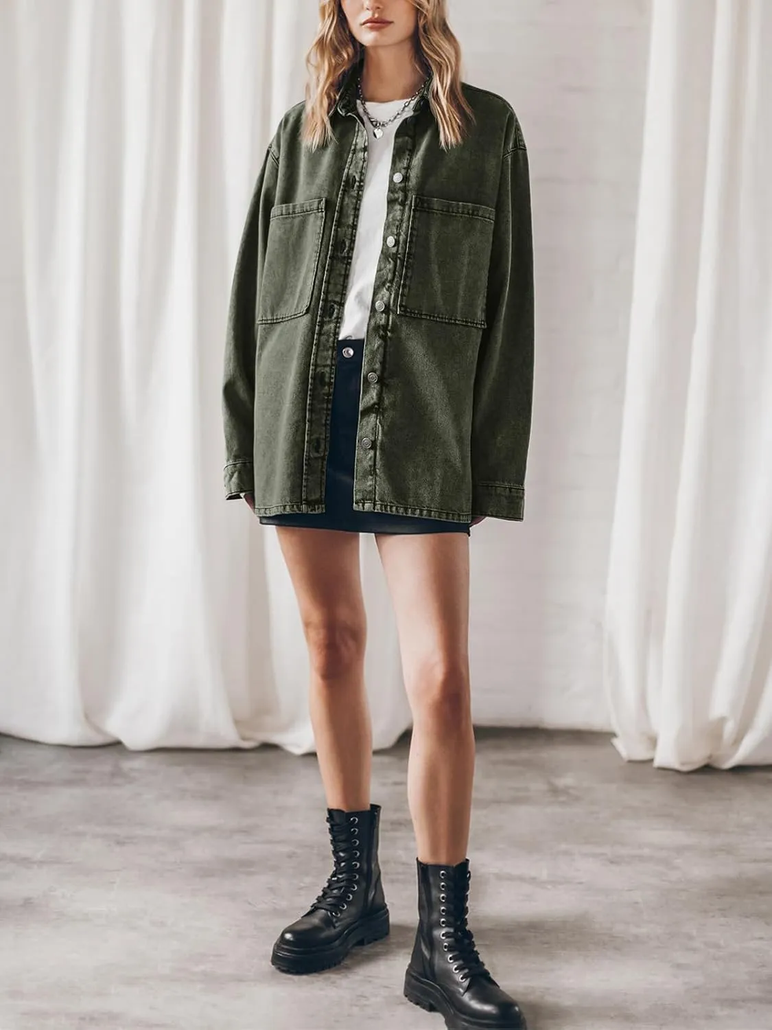 PLNOTME Womens Oversized Jean Jacket Casual Button Up Denim Overshirt Trendy Long Sleeve Denim Jacket Coat