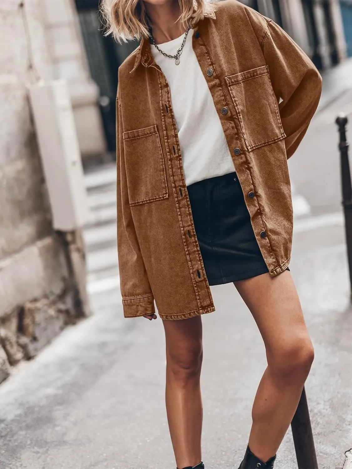 PLNOTME Womens Oversized Jean Jacket Casual Button Up Denim Overshirt Trendy Long Sleeve Denim Jacket Coat