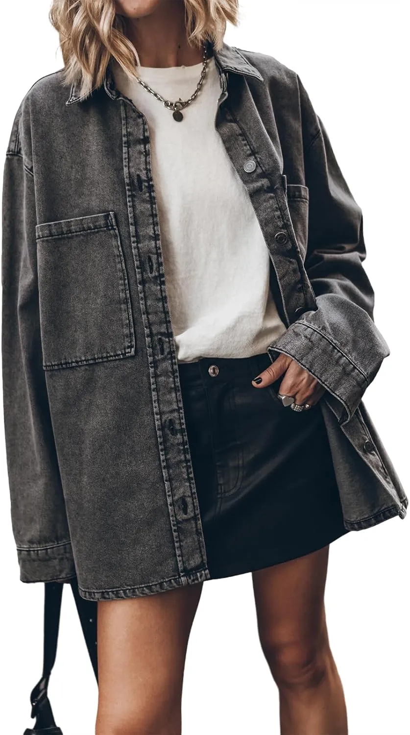 PLNOTME Womens Oversized Jean Jacket Casual Button Up Denim Overshirt Trendy Long Sleeve Denim Jacket Coat