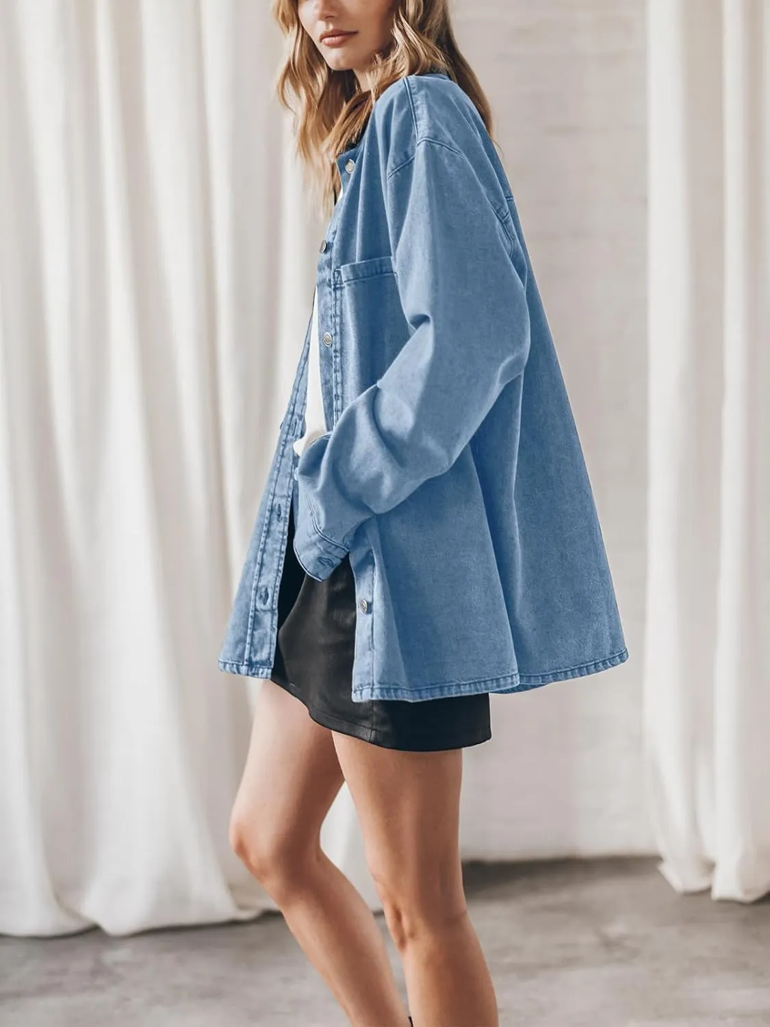 PLNOTME Womens Oversized Jean Jacket Casual Button Up Denim Overshirt Trendy Long Sleeve Denim Jacket Coat