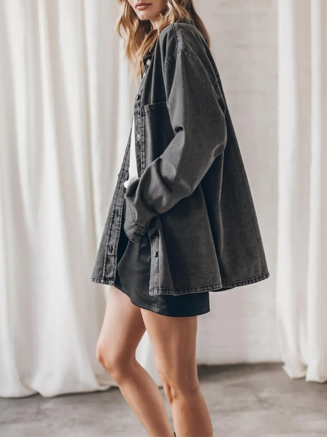 PLNOTME Womens Oversized Jean Jacket Casual Button Up Denim Overshirt Trendy Long Sleeve Denim Jacket Coat