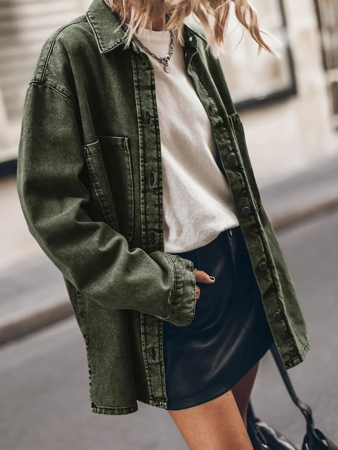 PLNOTME Womens Oversized Jean Jacket Casual Button Up Denim Overshirt Trendy Long Sleeve Denim Jacket Coat
