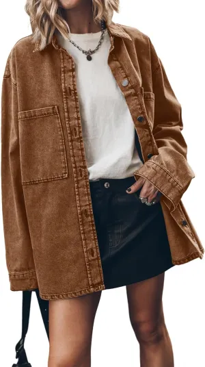 PLNOTME Womens Oversized Jean Jacket Casual Button Up Denim Overshirt Trendy Long Sleeve Denim Jacket Coat