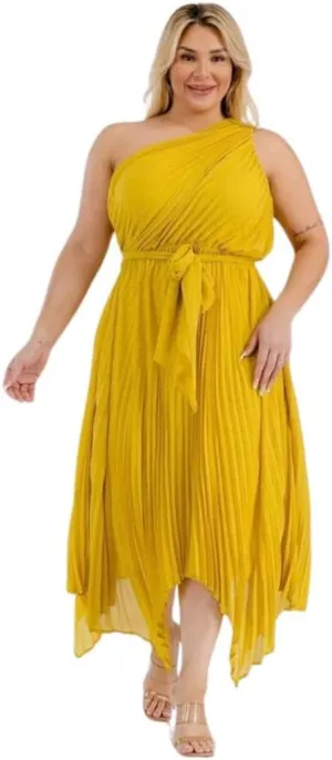 Plus One Shoulder Pleated Midi Dress