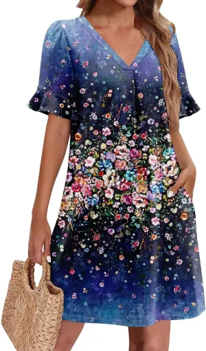 Plus Size Easter Dresses for Curvy Women Summer Casual Shift Ruffle V Neck Short Sleeve Beach Dress with Pockets