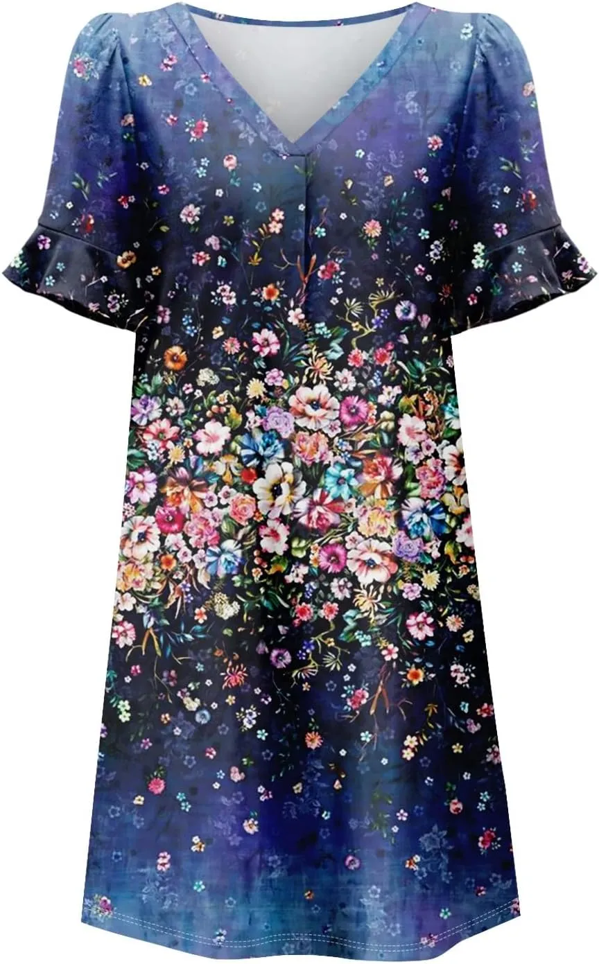 Plus Size Easter Dresses for Curvy Women Summer Casual Shift Ruffle V Neck Short Sleeve Beach Dress with Pockets