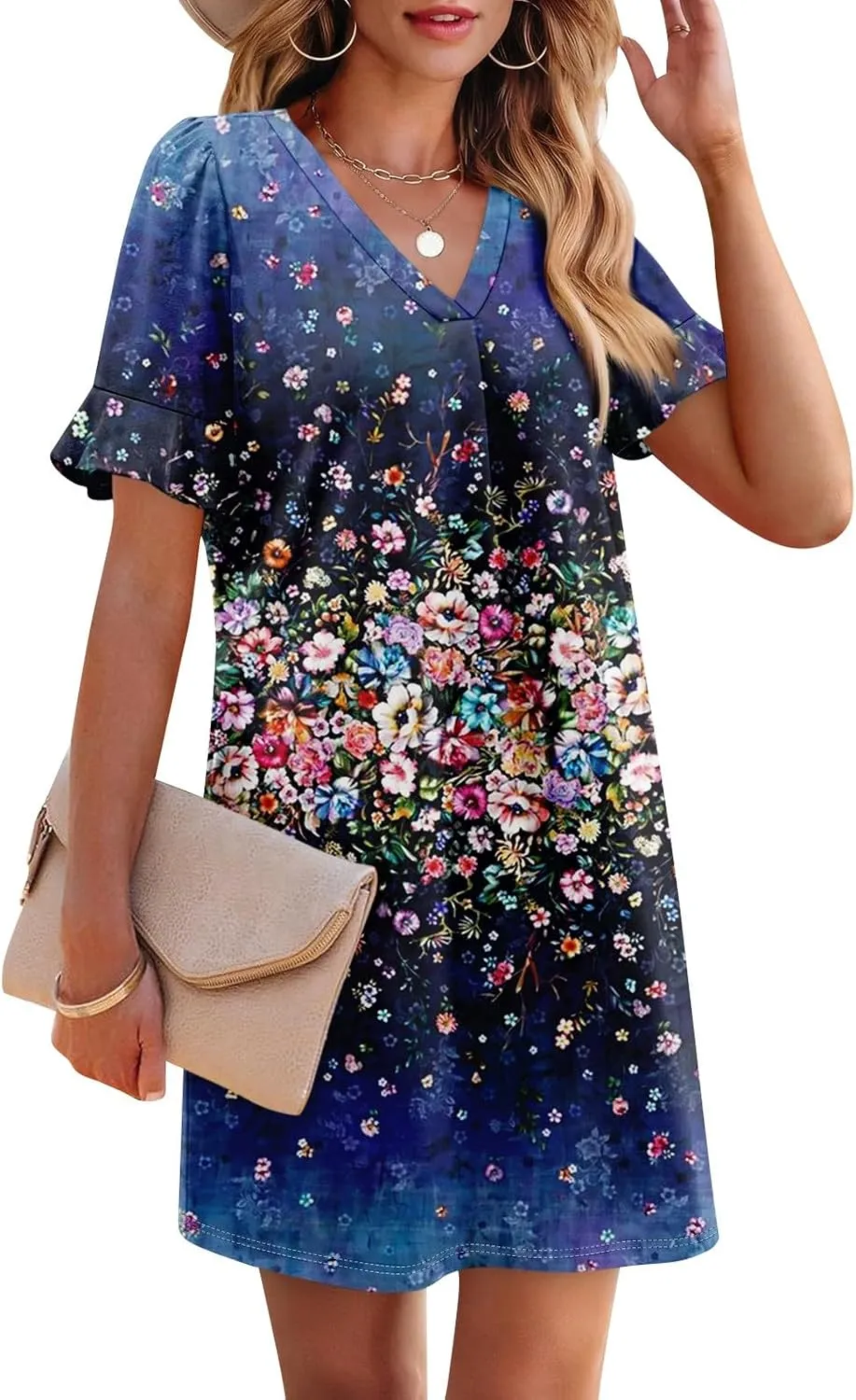 Plus Size Easter Dresses for Curvy Women Summer Casual Shift Ruffle V Neck Short Sleeve Beach Dress with Pockets
