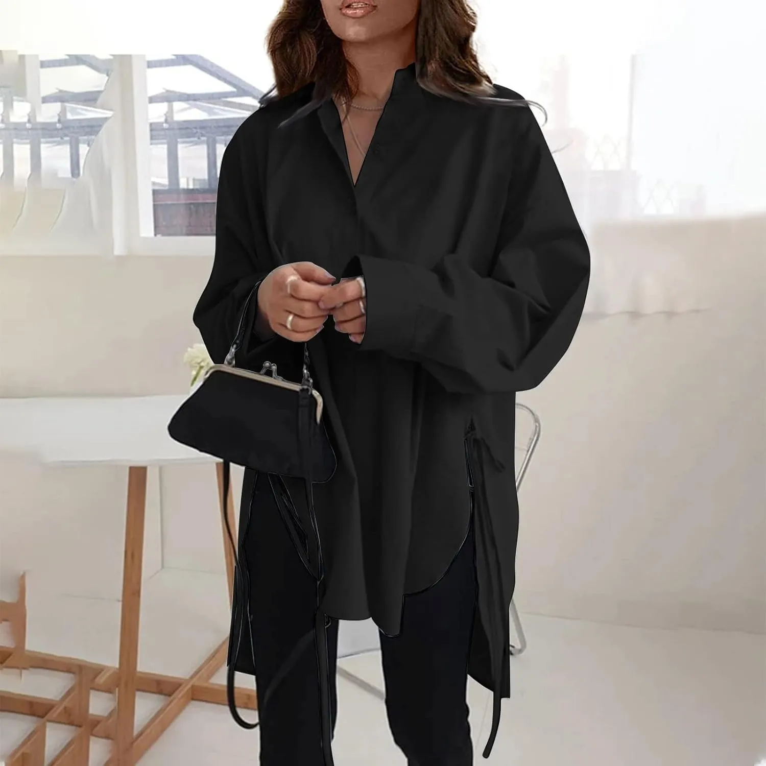 Plus Size Womens Tops Button Down Long Sleeve Boyfriend Long Shirts Fall Henley V Neck Tops Lapel Collared Blouses