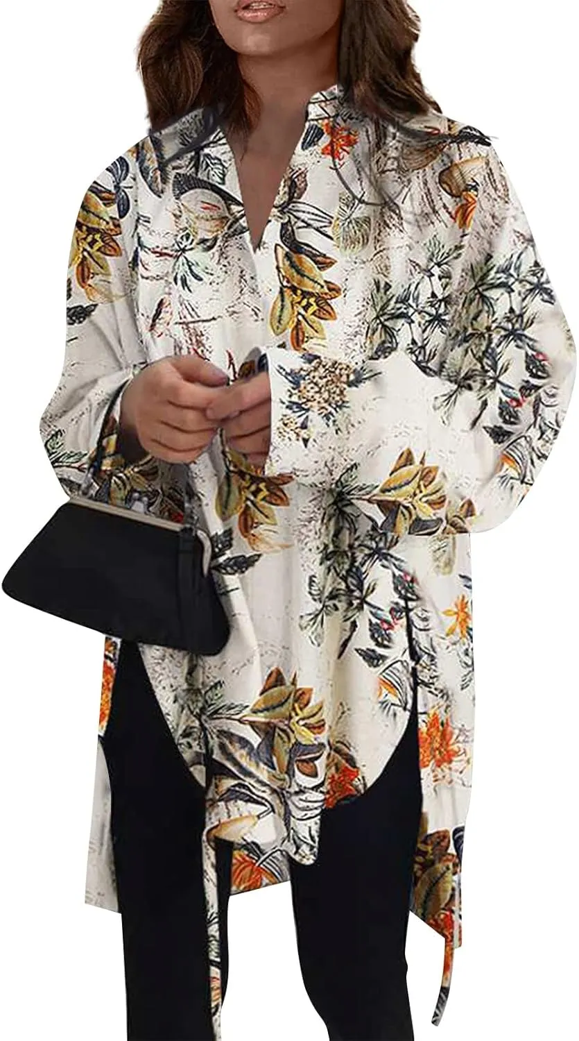 Plus Size Womens Tops Button Down Long Sleeve Boyfriend Long Shirts Fall Henley V Neck Tops Lapel Collared Blouses