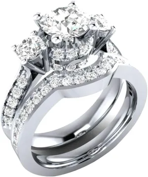 Princess Cut Diamond Cubic Zirconia 3-Stones Ring Curved Band 2 Pcs Set 925 Silver Engagement Bridal Ring