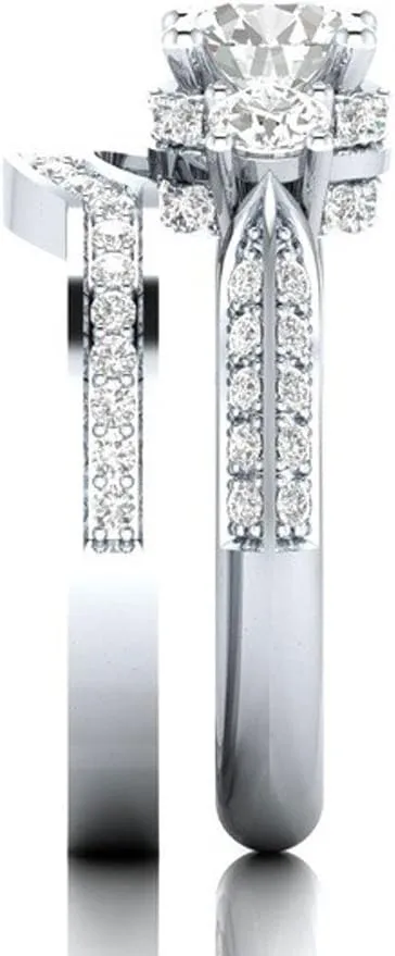 Princess Cut Diamond Cubic Zirconia 3-Stones Ring Curved Band 2 Pcs Set 925 Silver Engagement Bridal Ring