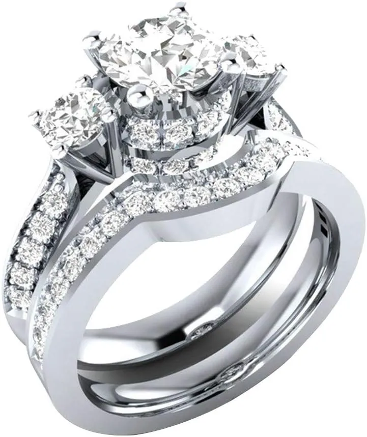 Princess Cut Diamond Cubic Zirconia 3-Stones Ring Curved Band 2 Pcs Set 925 Silver Engagement Bridal Ring