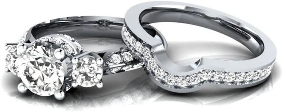 Princess Cut Diamond Cubic Zirconia 3-Stones Ring Curved Band 2 Pcs Set 925 Silver Engagement Bridal Ring