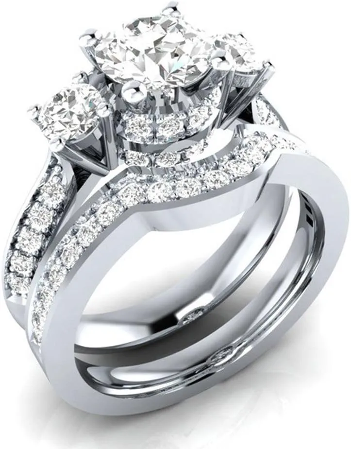 Princess Cut Diamond Cubic Zirconia 3-Stones Ring Curved Band 2 Pcs Set 925 Silver Engagement Bridal Ring