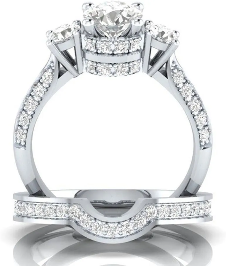 Princess Cut Diamond Cubic Zirconia 3-Stones Ring Curved Band 2 Pcs Set 925 Silver Engagement Bridal Ring