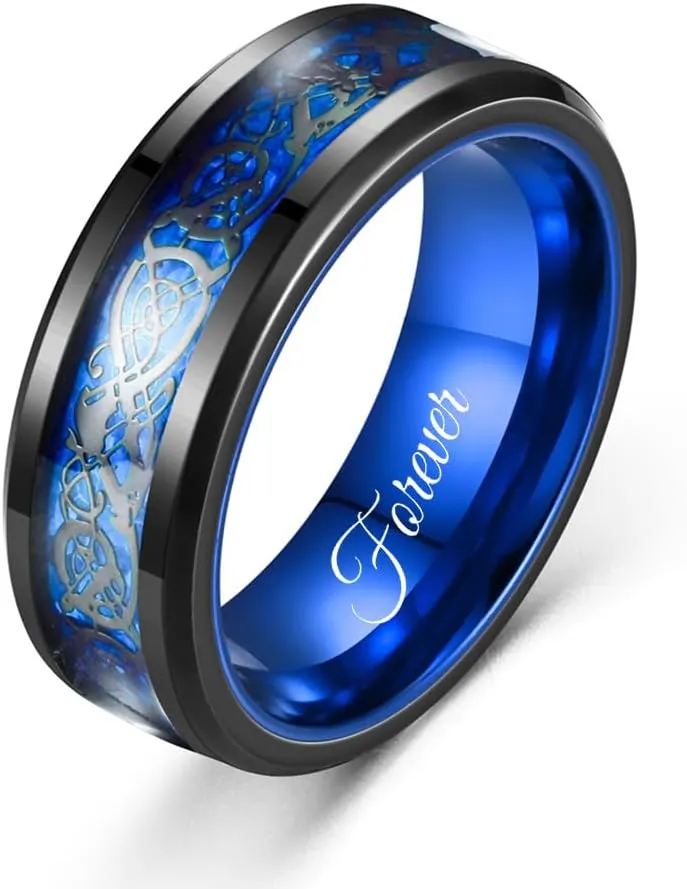 Promise Rings for Couples Set With 2 Rings Custom Engraved Matching Engagement Rings for Couples Blue Wedding Rings Set for Him and Her Black Tungsten Rings for Men Women Wedding Band Sapphire