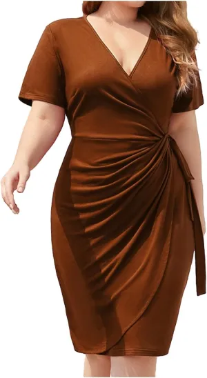 PTOLOCIF Plus Size Dresses for Curvy Women Wrap V Neck Midi Dresses Short Sleeve Ruched Bodycon Cocktail Party Dresses