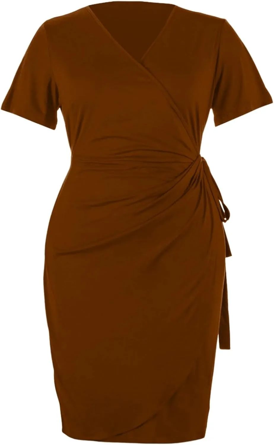 PTOLOCIF Plus Size Dresses for Curvy Women Wrap V Neck Midi Dresses Short Sleeve Ruched Bodycon Cocktail Party Dresses
