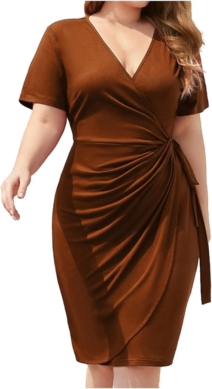 PTOLOCIF Plus Size Dresses for Curvy Women Wrap V Neck Midi Dresses Short Sleeve Ruched Bodycon Cocktail Party Dresses