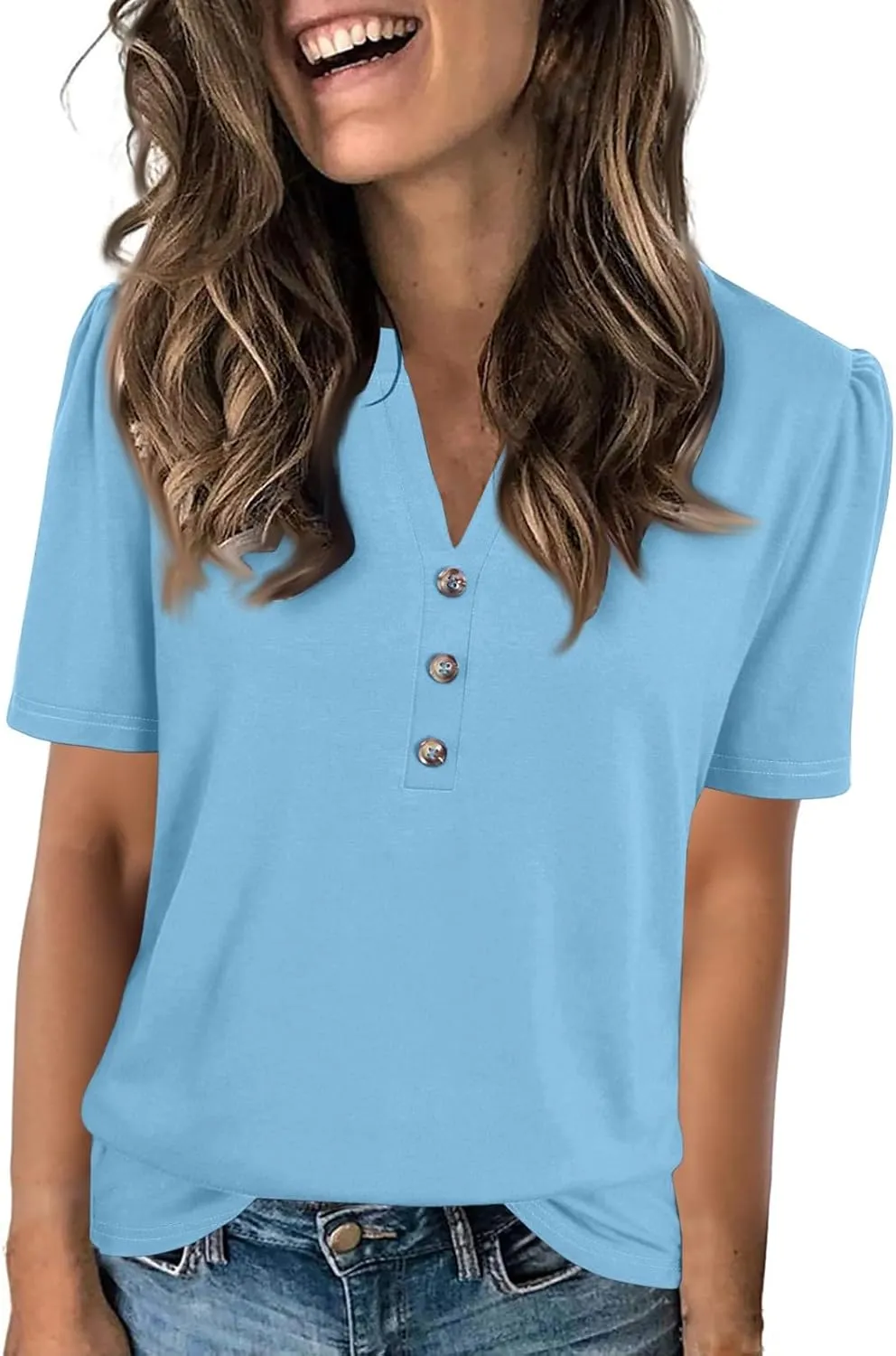Puff Sleeve Tops for Women Summer Solid/Floral Printed Button V Neck Short Sleeve Top Casual Loose Going Out Blouse