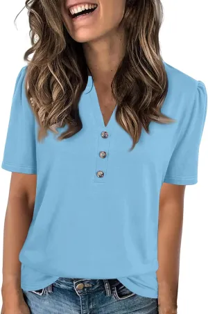 Puff Sleeve Tops for Women Summer Solid/Floral Printed Button V Neck Short Sleeve Top Casual Loose Going Out Blouse