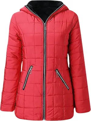 Quilted Jackets for Women 2024 Fashion Velvet Cotton Coats Long Sleeve Hooded Jackets with Pockets Zip up Outerwear