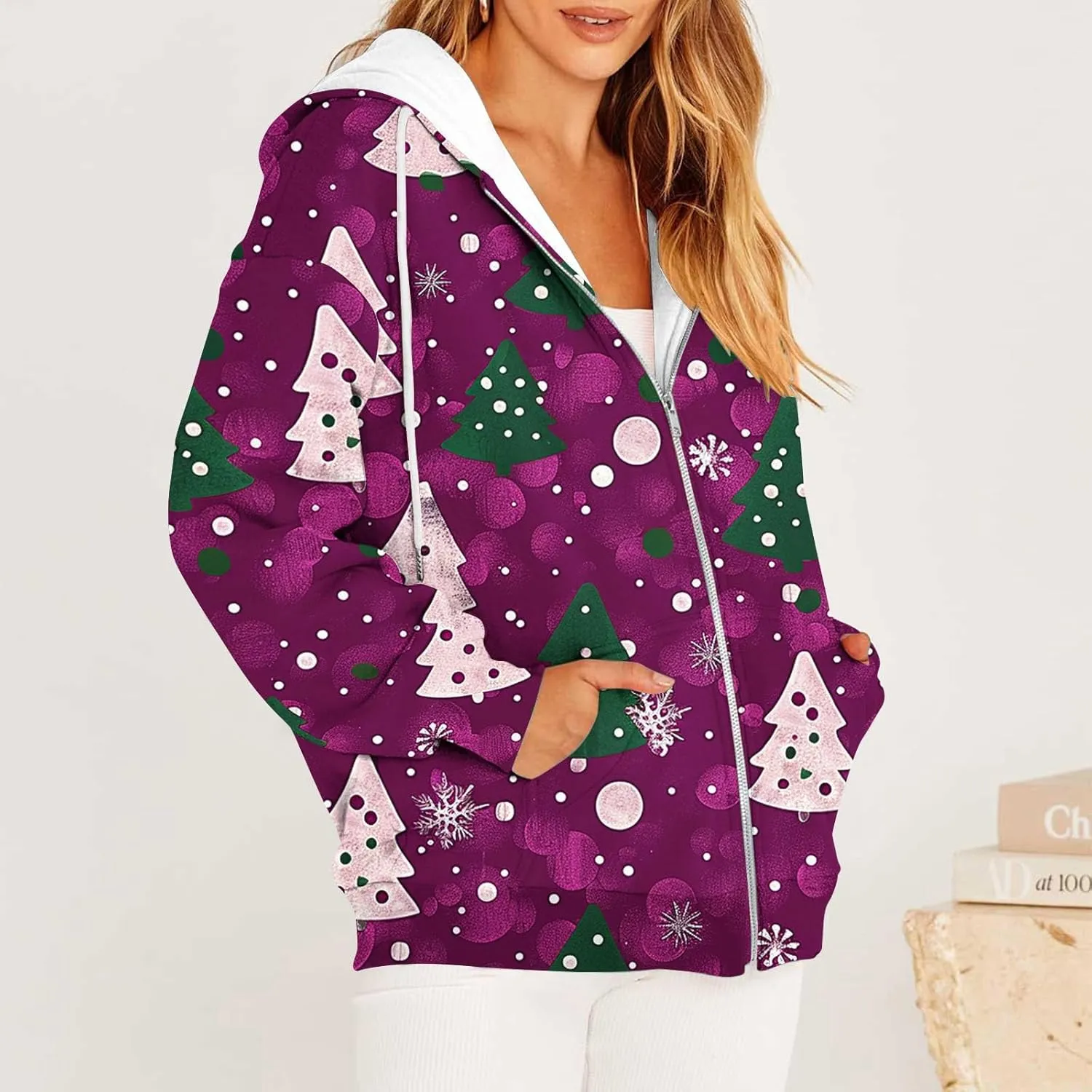 Quilted Jackets for Women Casual Christmas Print Winter Coats Full Zip Hoodies Long Sleeve Sweatshirt with Pockets