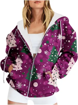 Quilted Jackets for Women Casual Christmas Print Winter Coats Full Zip Hoodies Long Sleeve Sweatshirt with Pockets