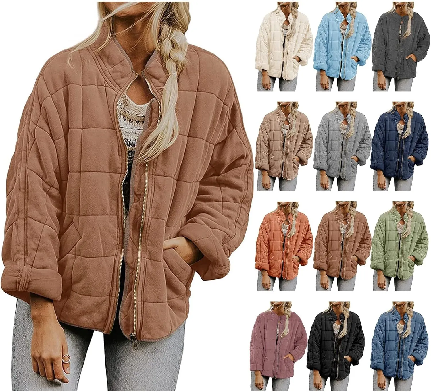 Quilted Jackets for Women Lightweight Puffer Jackets Zip Up Down Coats Dolman Sleeve Tops Warm Winter Coats Outwear