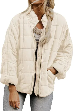 Quilted Jackets for Women Lightweight Puffer Jackets Zip Up Down Coats Dolman Sleeve Tops Warm Winter Coats Outwear
