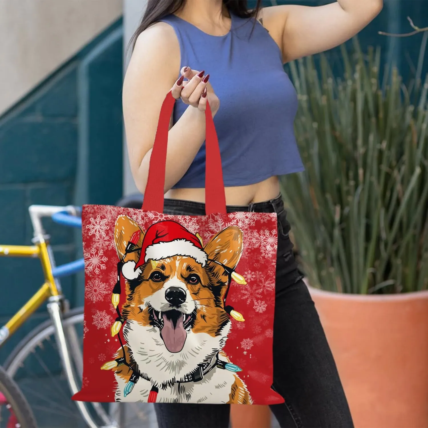 Santa Claus dogs cats cows Christmas Tote Bags for Woman,Reusable Grocery Bags Shopping Bags