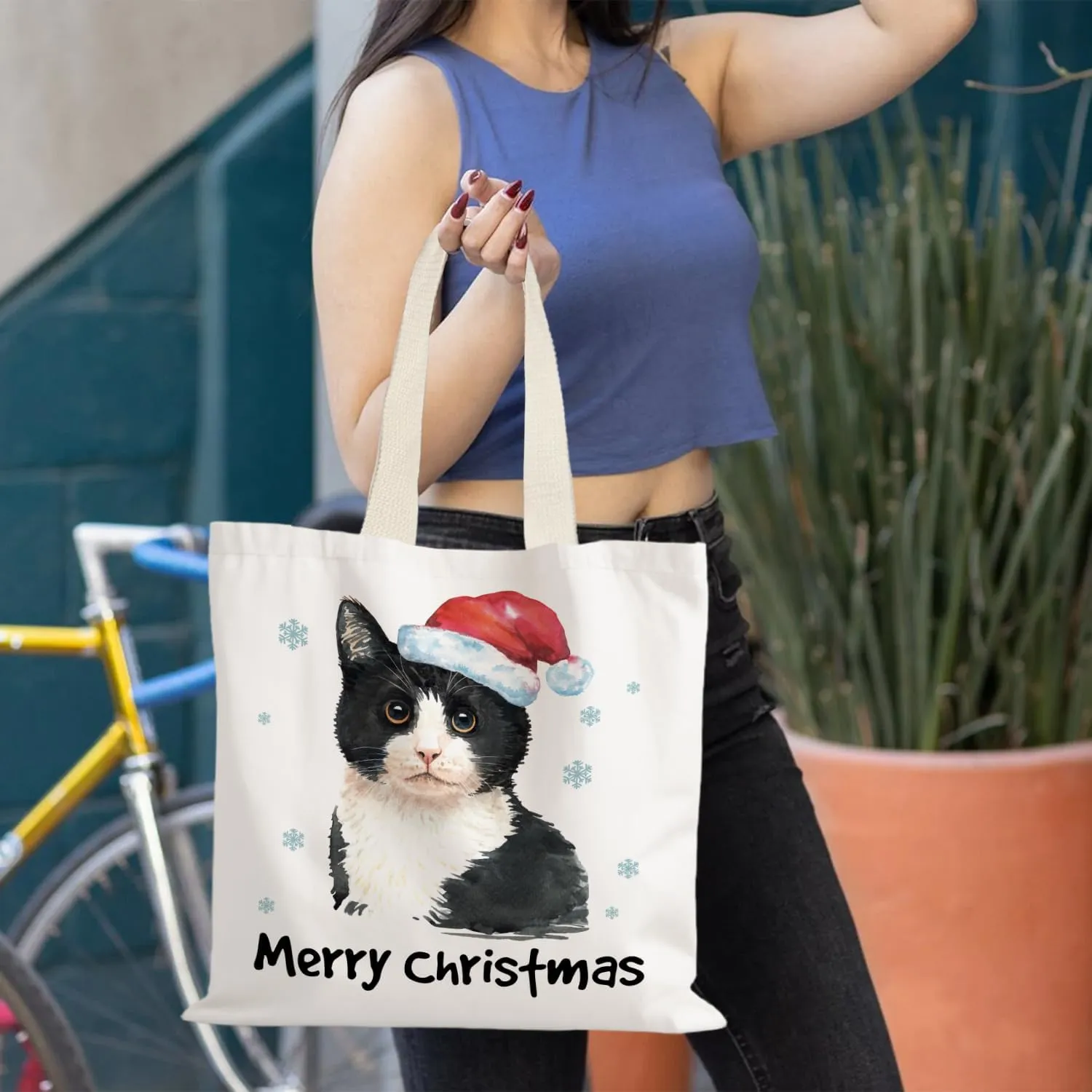 Santa Claus dogs cats cows Christmas Tote Bags for Woman,Reusable Grocery Bags Shopping Bags