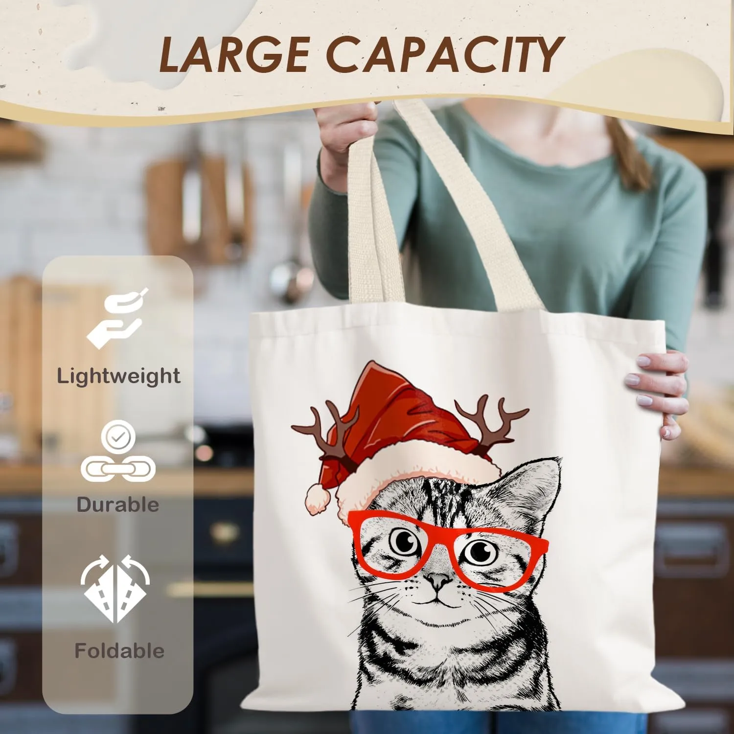 Santa Claus dogs cats cows Christmas Tote Bags for Woman,Reusable Grocery Bags Shopping Bags