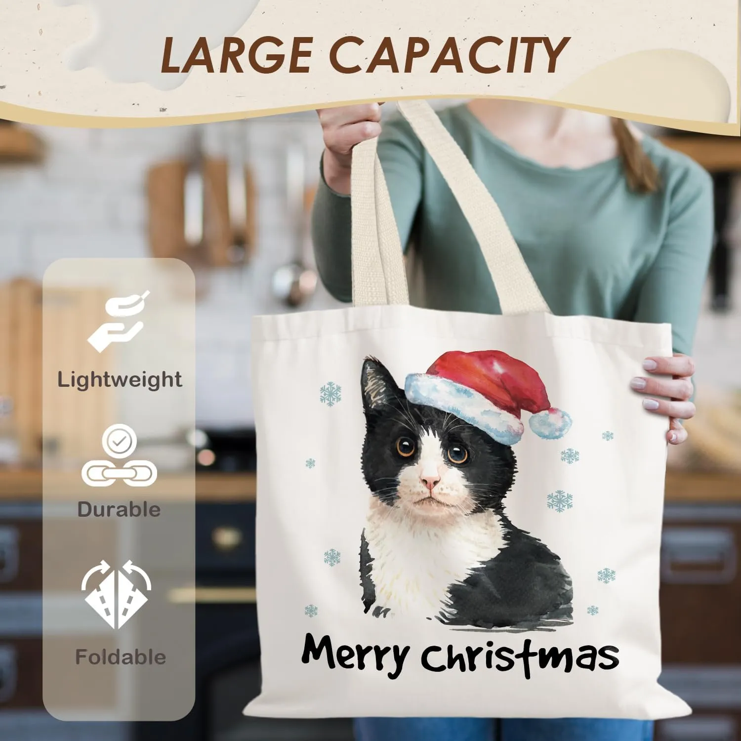Santa Claus dogs cats cows Christmas Tote Bags for Woman,Reusable Grocery Bags Shopping Bags