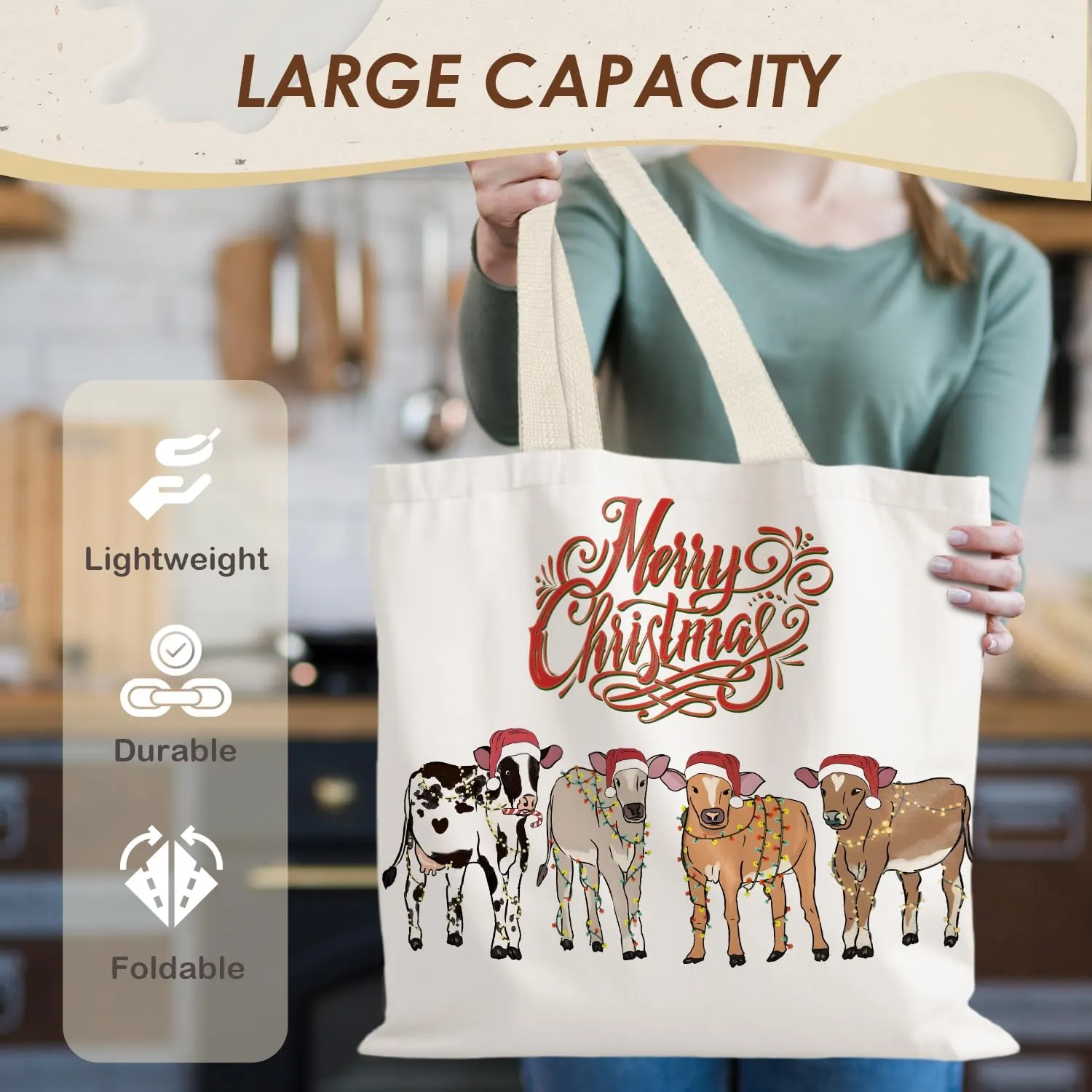 Santa Claus dogs cats cows Christmas Tote Bags for Woman,Reusable Grocery Bags Shopping Bags
