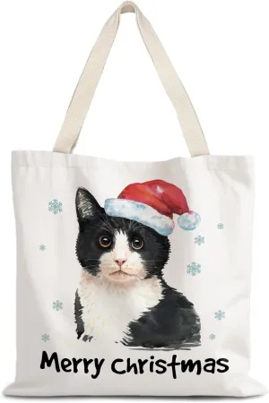 Santa Claus dogs cats cows Christmas Tote Bags for Woman,Reusable Grocery Bags Shopping Bags