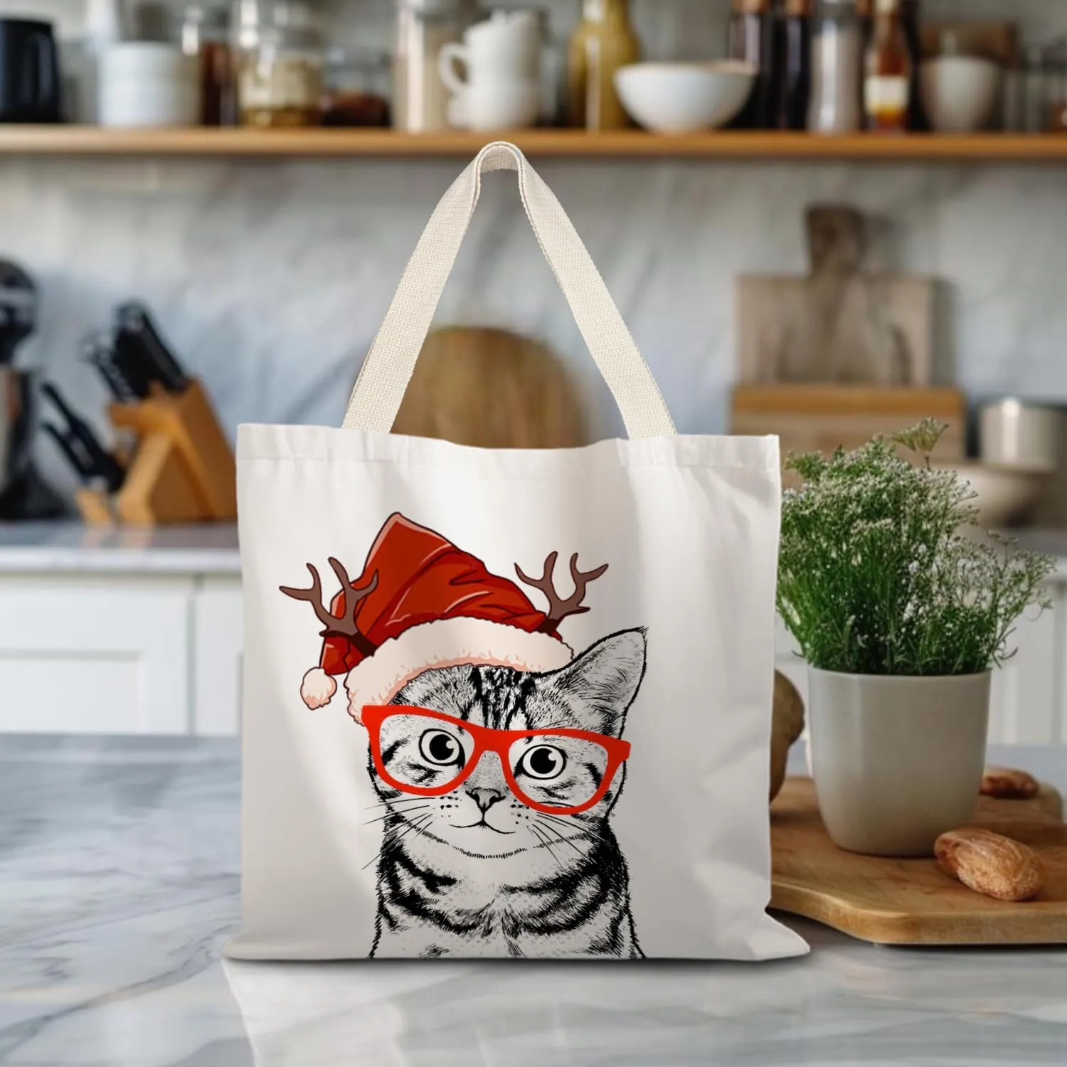 Santa Claus dogs cats cows Christmas Tote Bags for Woman,Reusable Grocery Bags Shopping Bags