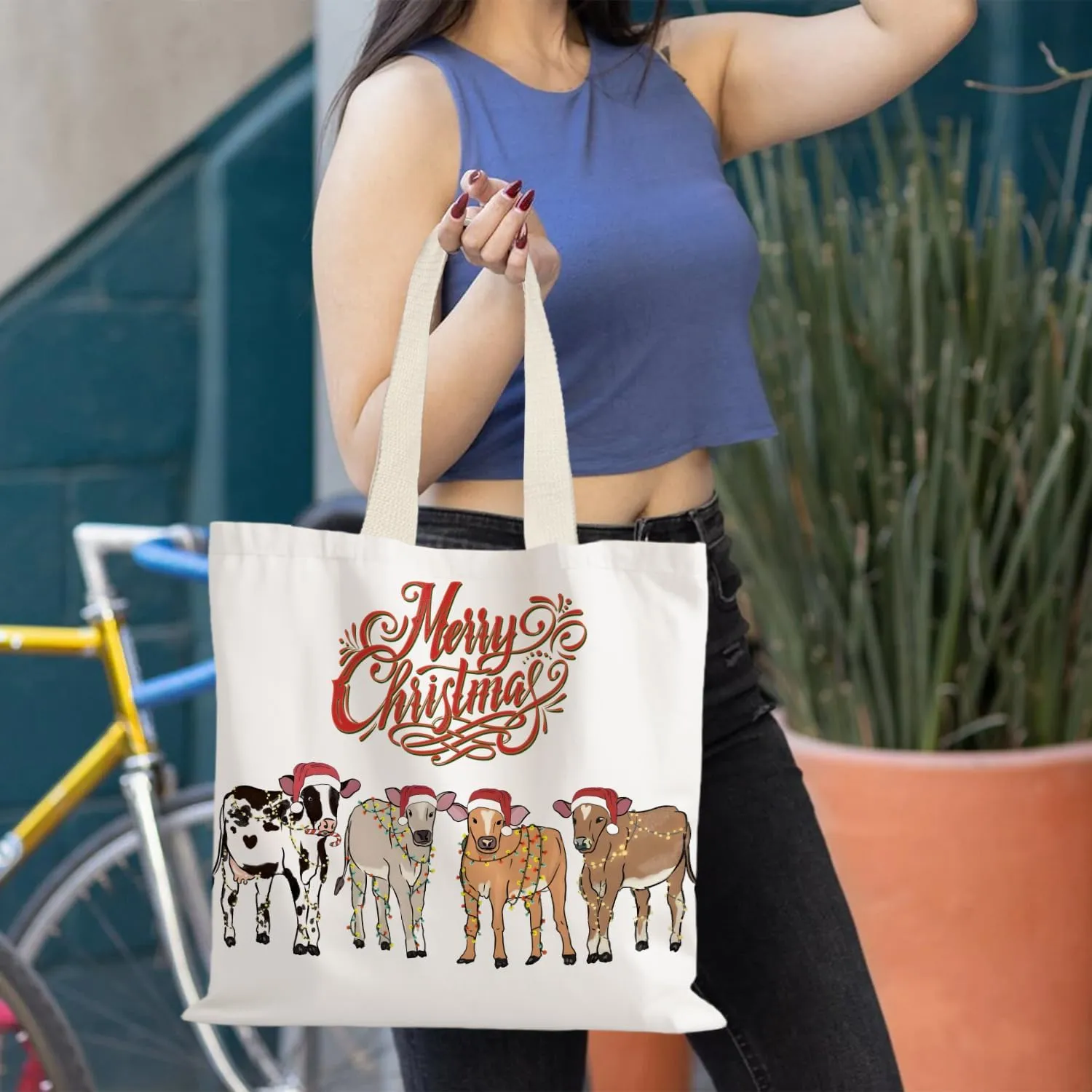 Santa Claus dogs cats cows Christmas Tote Bags for Woman,Reusable Grocery Bags Shopping Bags