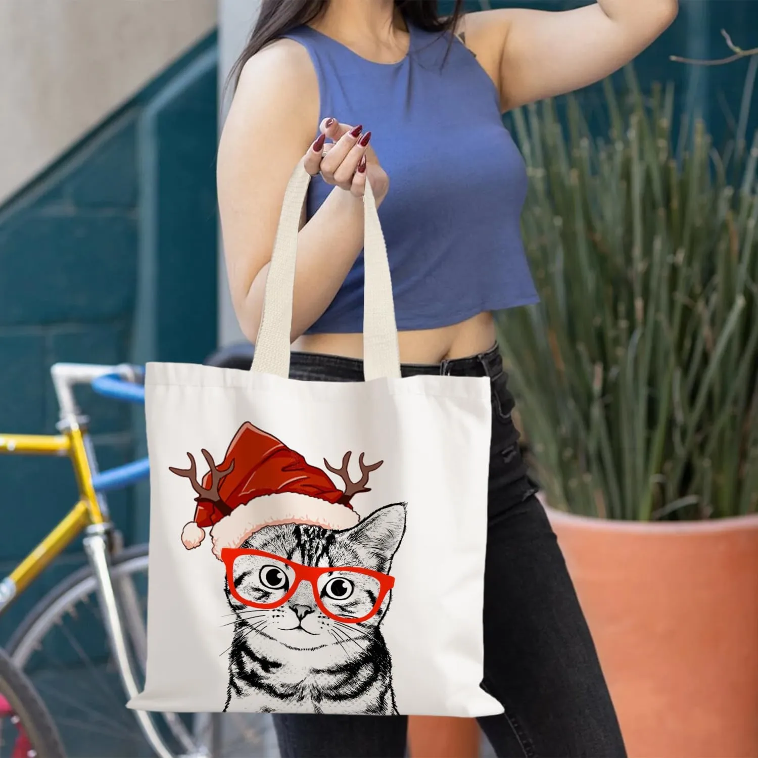 Santa Claus dogs cats cows Christmas Tote Bags for Woman,Reusable Grocery Bags Shopping Bags
