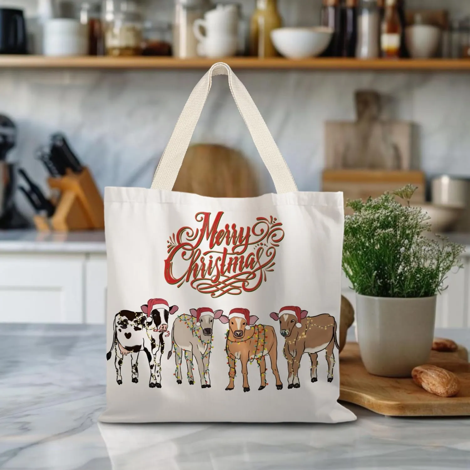 Santa Claus dogs cats cows Christmas Tote Bags for Woman,Reusable Grocery Bags Shopping Bags