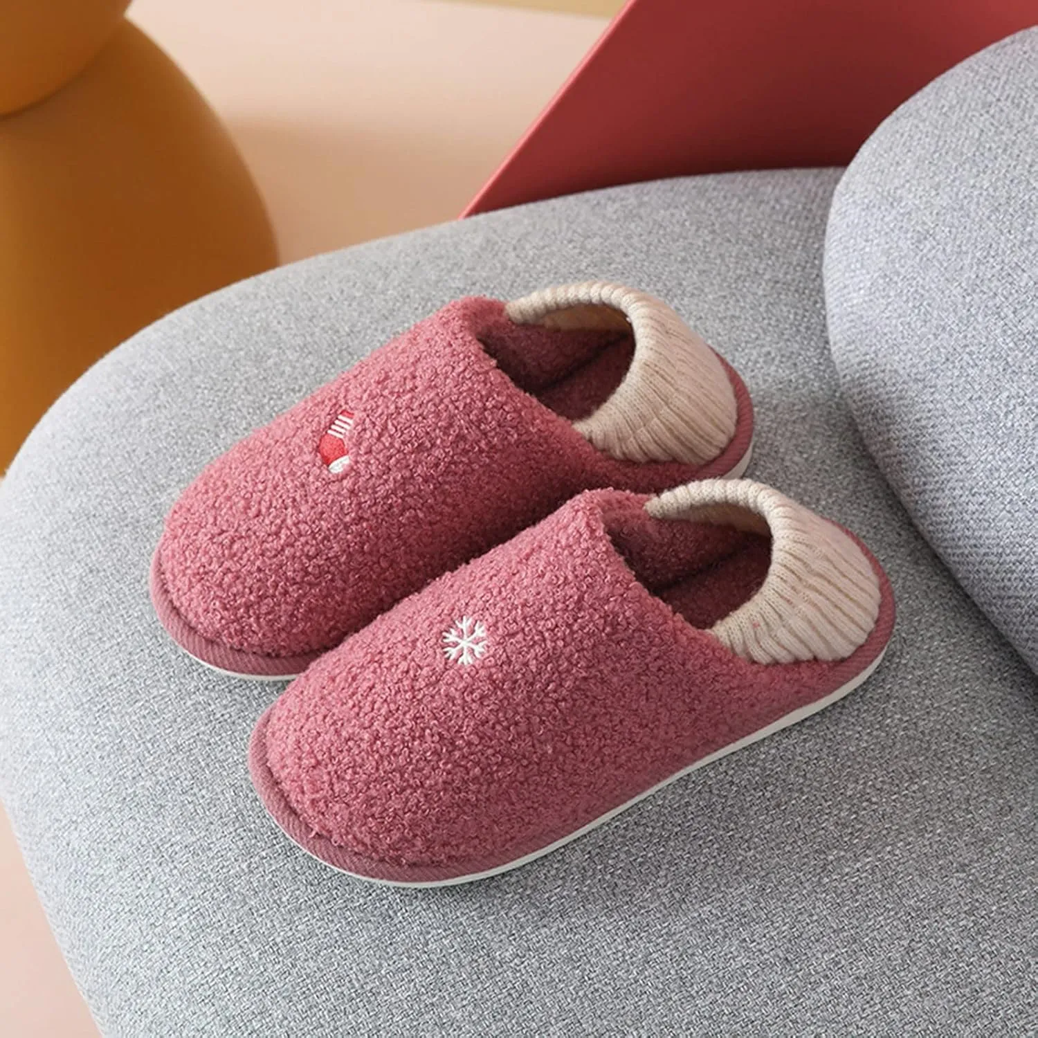 SBGMoSJ Womens Winter Warm Cozy House Fur Slippers Warming Slippers Mens Slippers Size 11.5 Wide Christmas Slippers for Men and Women Christmas Ribbon Gifts for Her 2023