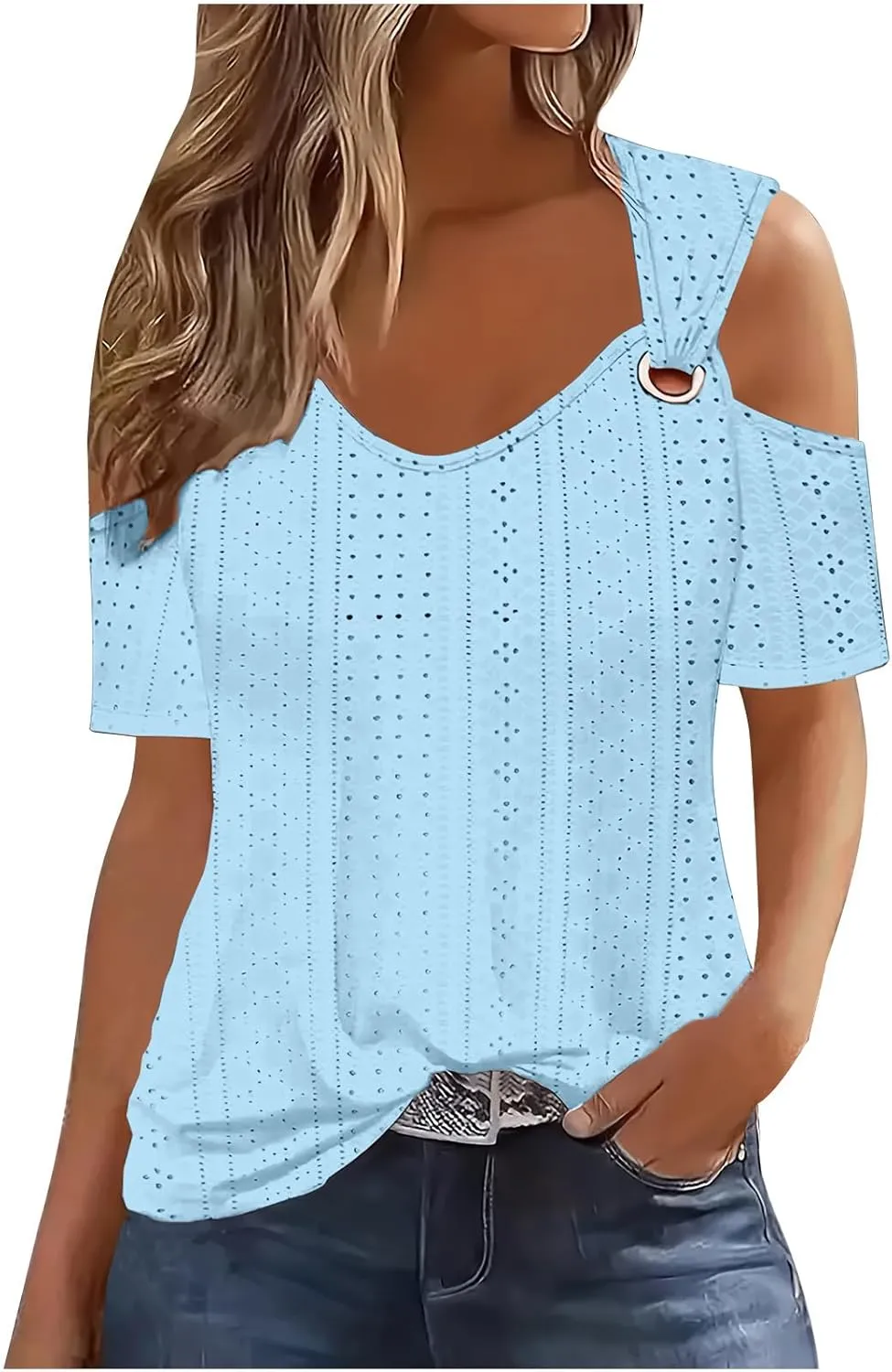Sexy Cold Sholuder Tops for Women 2025 Summer Hollow Out Eyelet Short Sleeve Blouse Loose V Neck Tshirt Casual Tunics