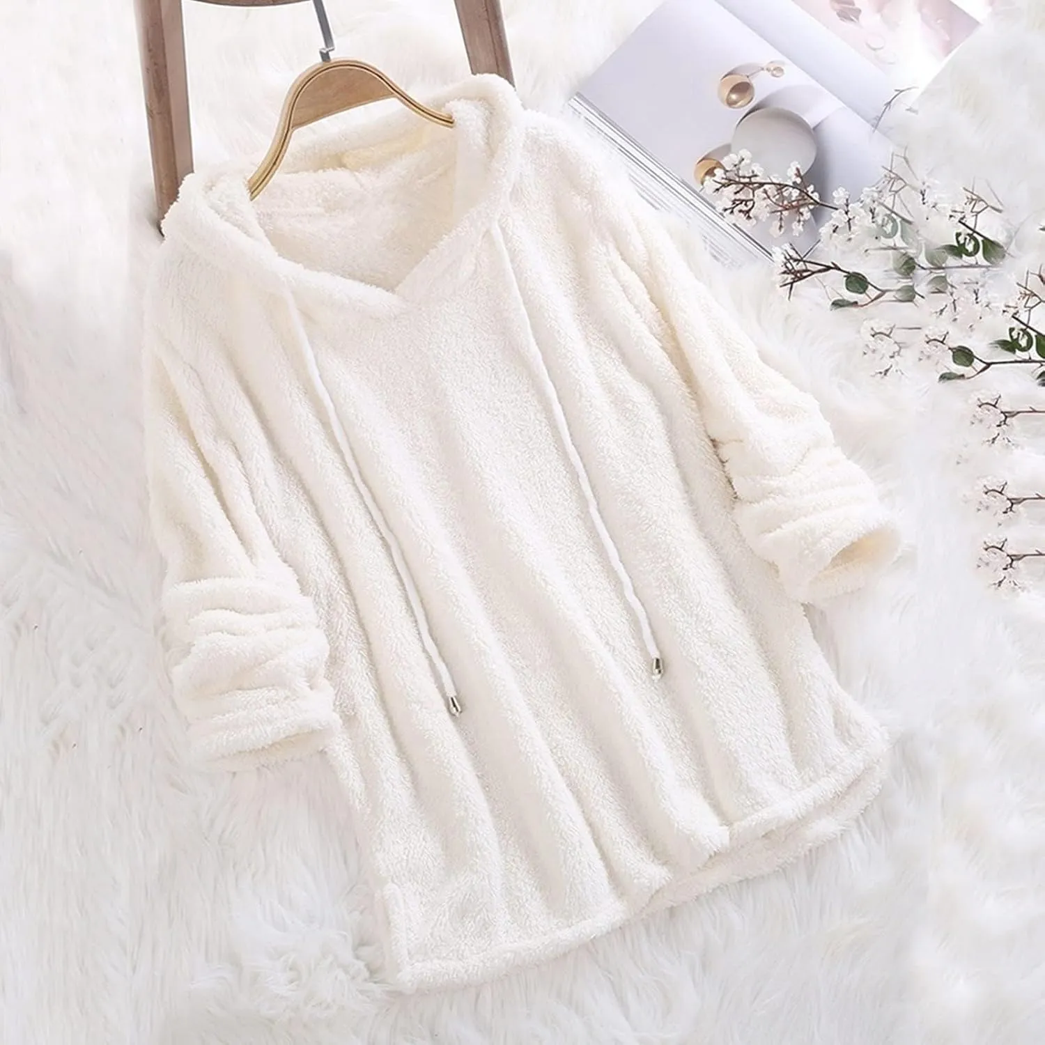 Sherpa Hoodies for Women Oversized Long Sleeve Fuzzy Fleece Sweatshirt Winter Warm Pullover Sweater Pajama Tops