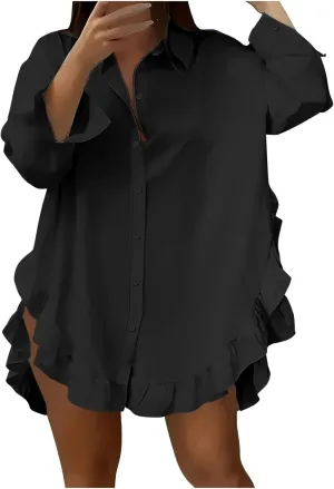 Shirt for Women Ruffle Hem Oversized Button Down Baggy Long Sleeve Lapel Tunic Tops Dressy Business Casual Blouses