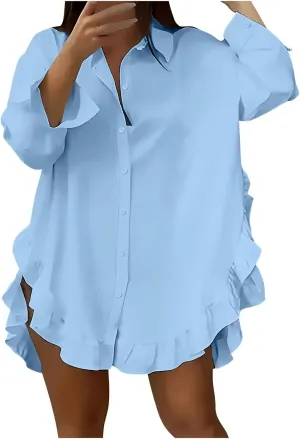 Shirt for Women Ruffle Hem Oversized Button Down Baggy Long Sleeve Lapel Tunic Tops Dressy Business Casual Blouses