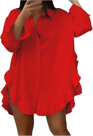 Shirt for Women Ruffle Hem Oversized Button Down Baggy Long Sleeve Lapel Tunic Tops Dressy Business Casual Blouses