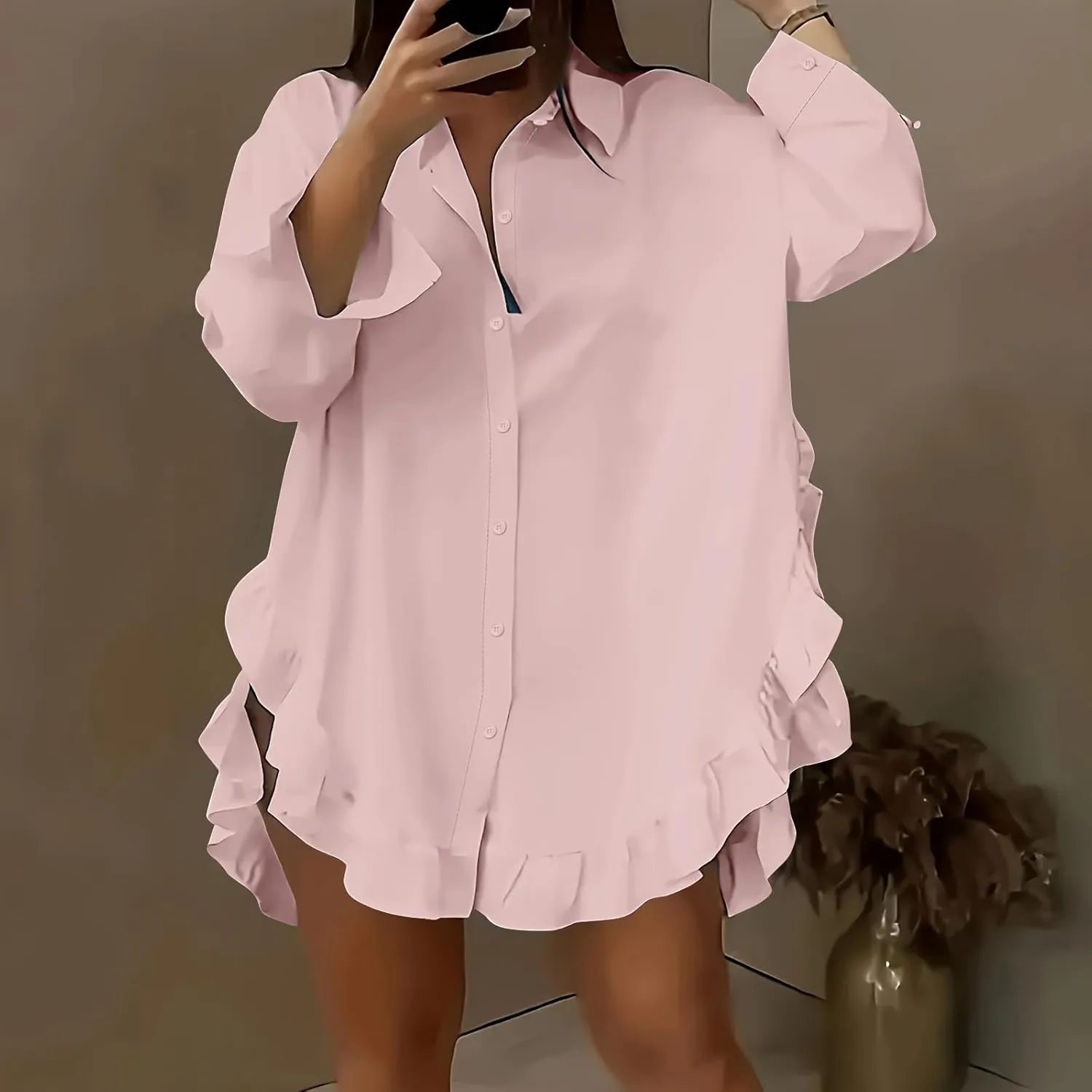Shirt for Women Ruffle Hem Oversized Button Down Baggy Long Sleeve Lapel Tunic Tops Dressy Business Casual Blouses
