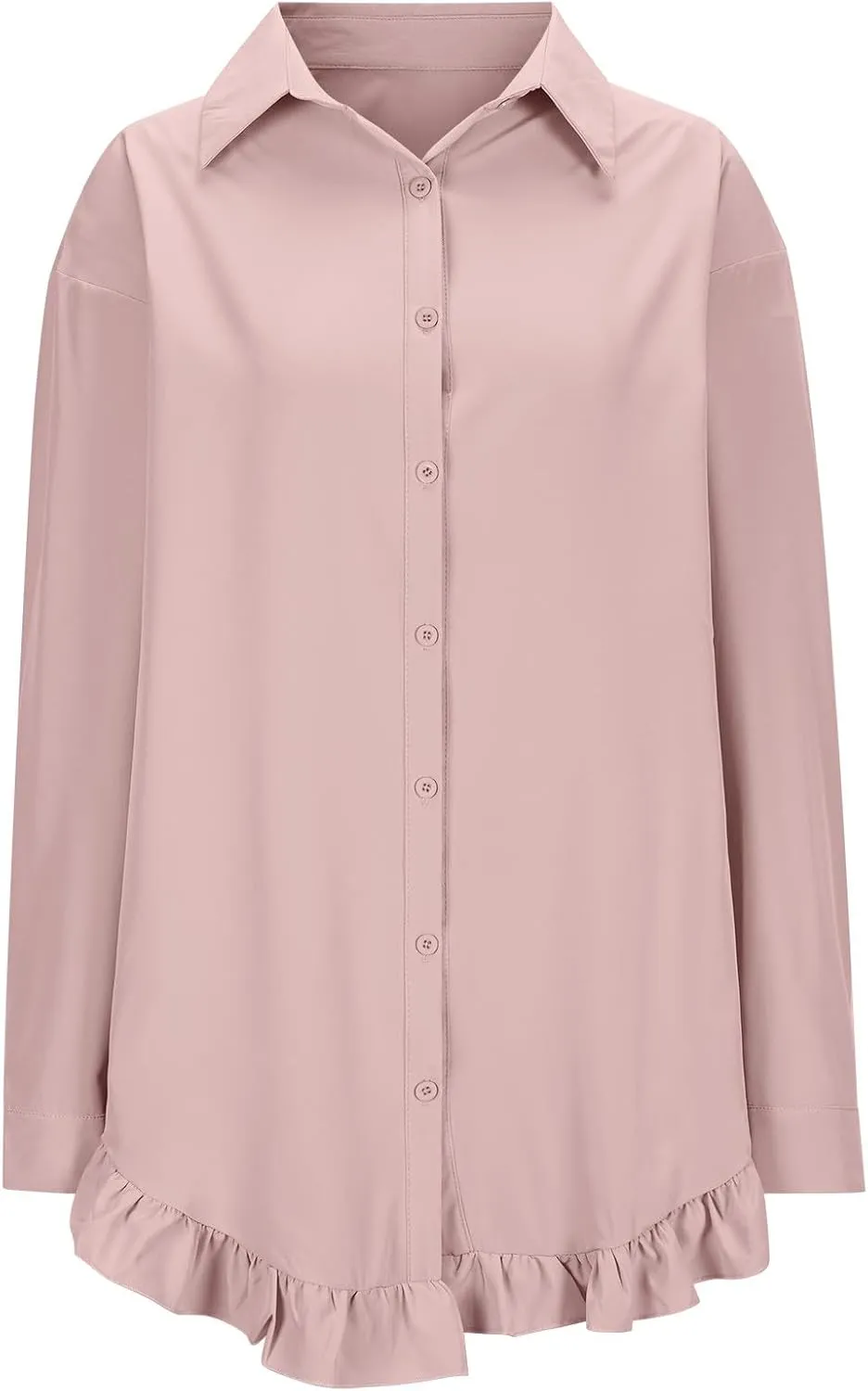 Shirt for Women Ruffle Hem Oversized Button Down Baggy Long Sleeve Lapel Tunic Tops Dressy Business Casual Blouses