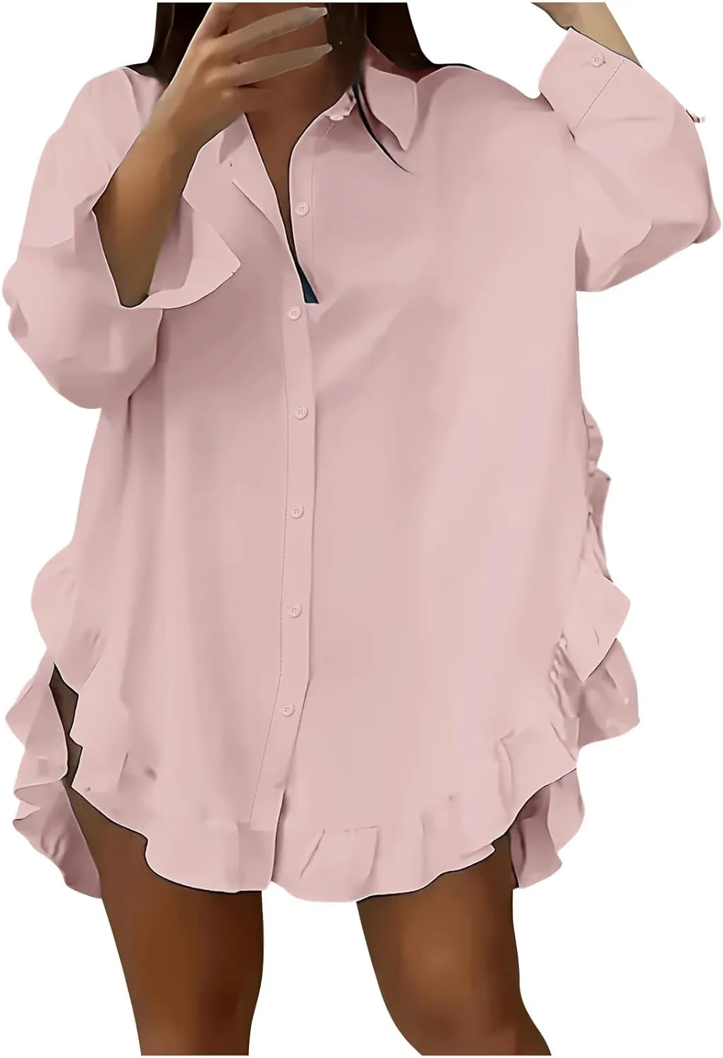 Shirt for Women Ruffle Hem Oversized Button Down Baggy Long Sleeve Lapel Tunic Tops Dressy Business Casual Blouses